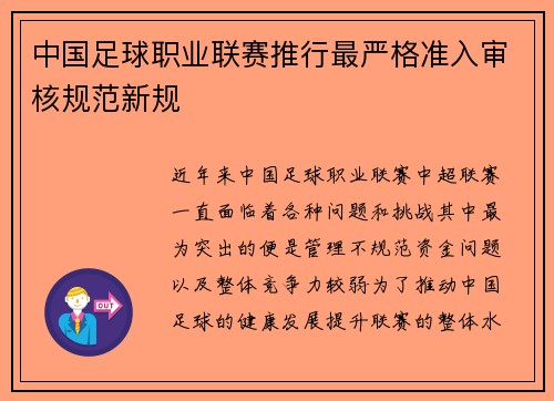 中国足球职业联赛推行最严格准入审核规范新规