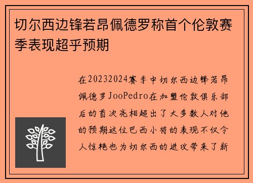 切尔西边锋若昂佩德罗称首个伦敦赛季表现超乎预期