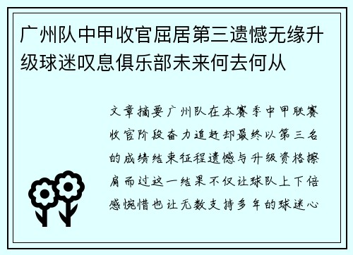 广州队中甲收官屈居第三遗憾无缘升级球迷叹息俱乐部未来何去何从